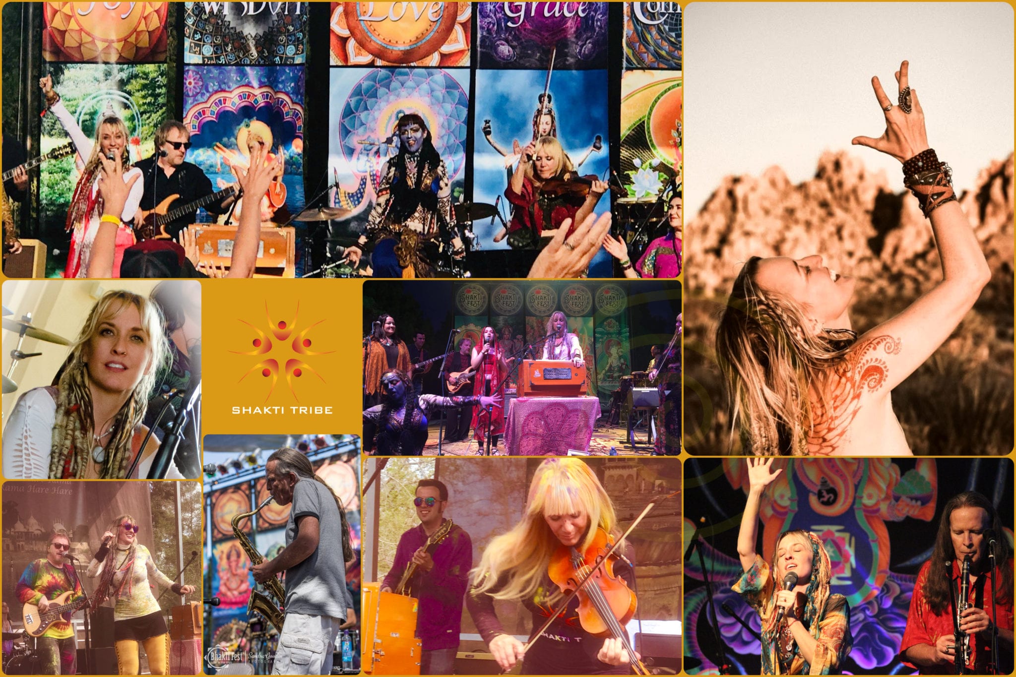 a collage of many photos of live performances by Larisa Stow and Shakti Tribe. New age music